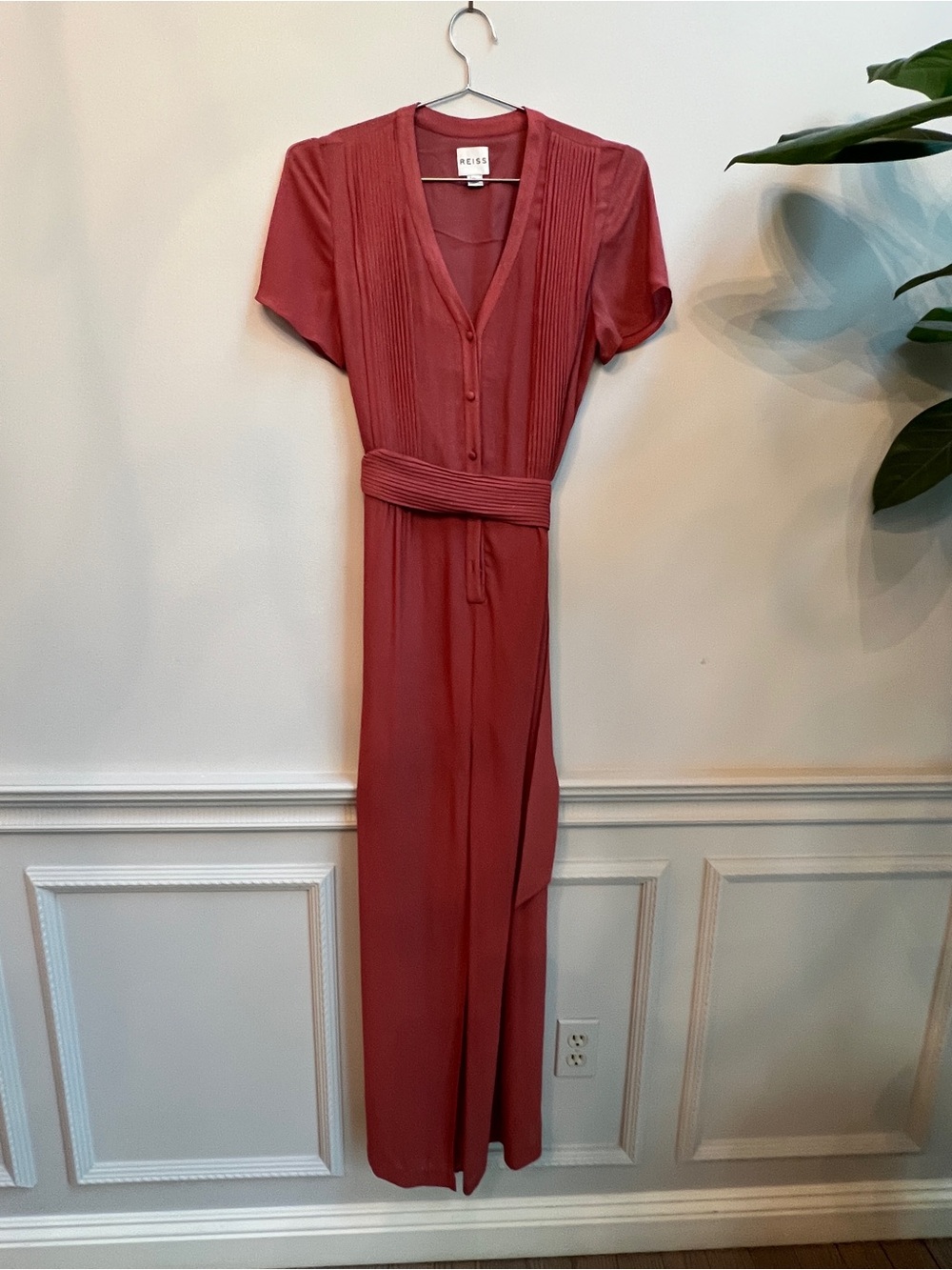Reiss Rust Red V-Neck Pintuck Maxi Dress with Waist Sash